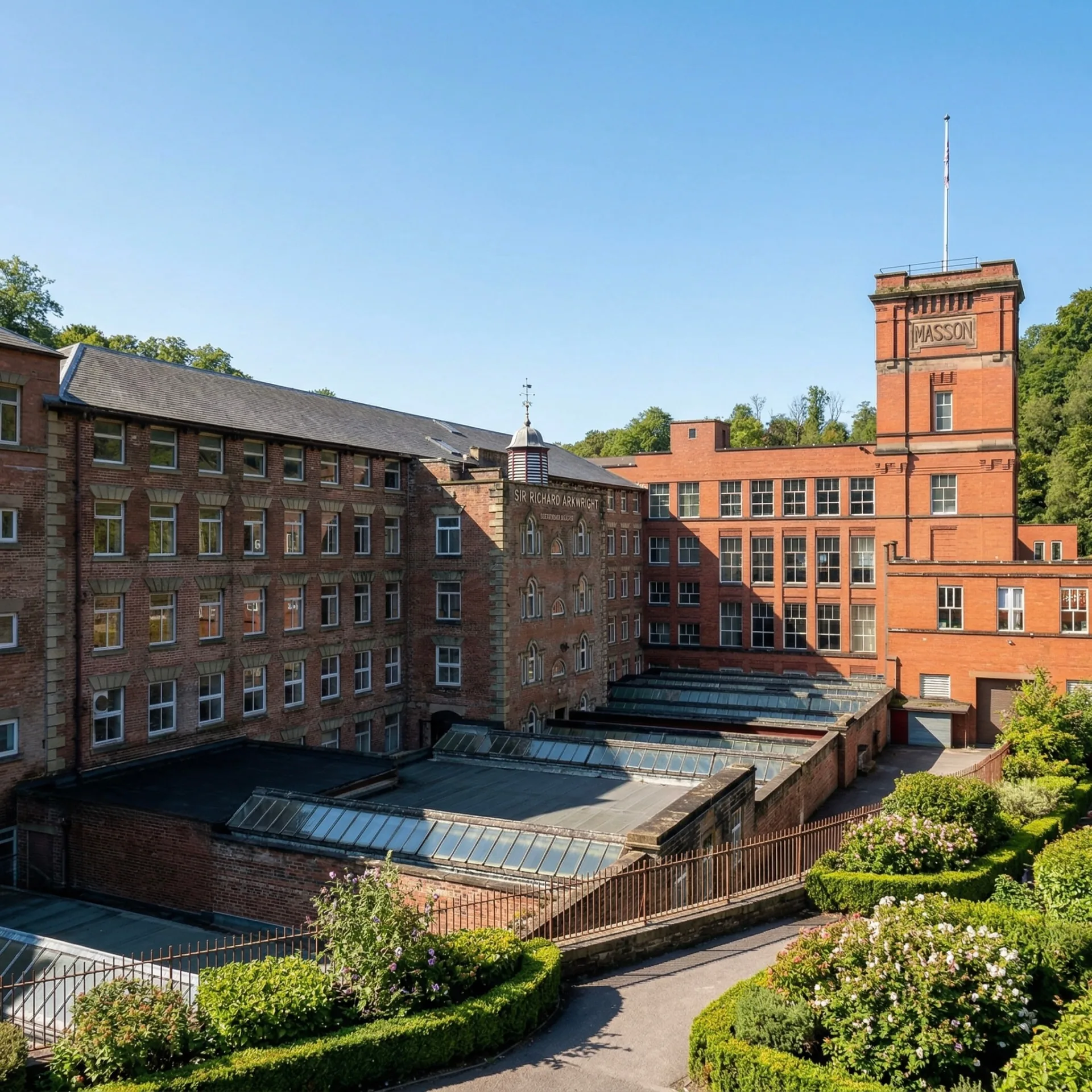Masson Mills seen across its courtyard gardens